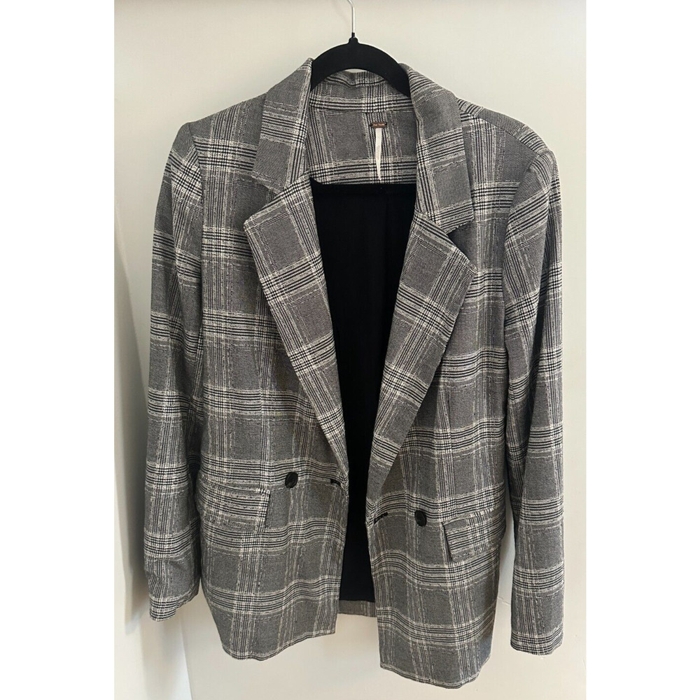 Free People Blazer Jacket Womens X-Small Gray Plaid Uptown Girl Sporty Casual